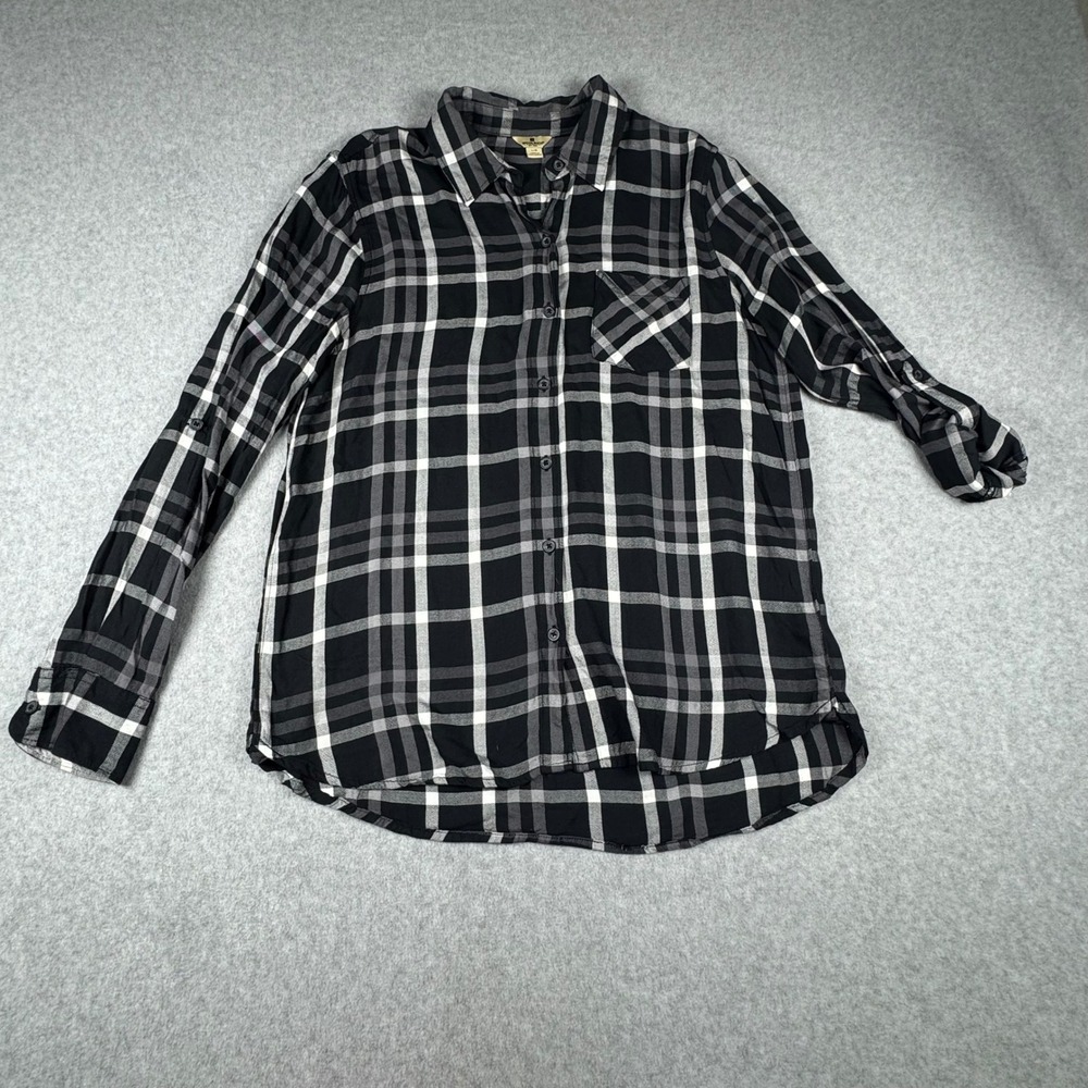 Woolrich Womens Black White‎ Plaid Rayon Roll Tab Sleeve Button Down Shirt Large
